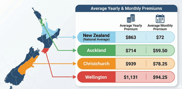 Quashed 2025 data visualizing average NZ contents insurance premiums. The national yearly average is $863. Regional costs show Wellington as highest ($1,131), followed by Christchurch ($939) and Auckland ($714).