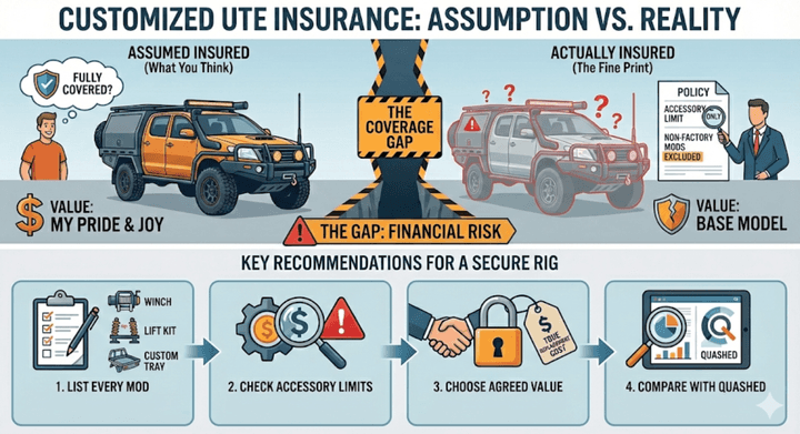 Quashed 2026 infographic showing how to insure modified utes for full value and avoid coverage gaps.