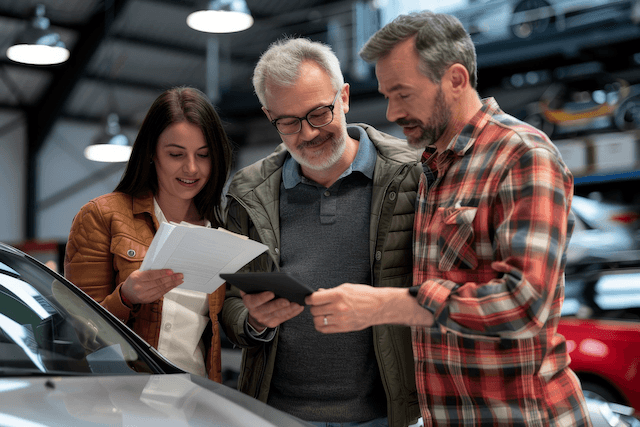 A Kiwi couple receiving car keys from a New Zealand car dealer.