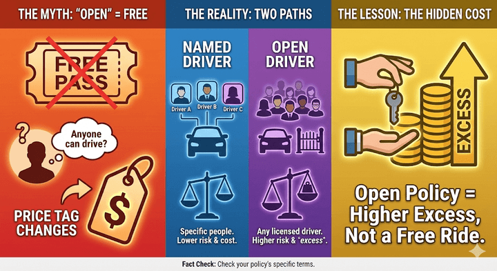 Quashed 2026 infographic comparing Named Driver vs Open Driver car insurance policies, illustrating higher excess risks and hidden costs.