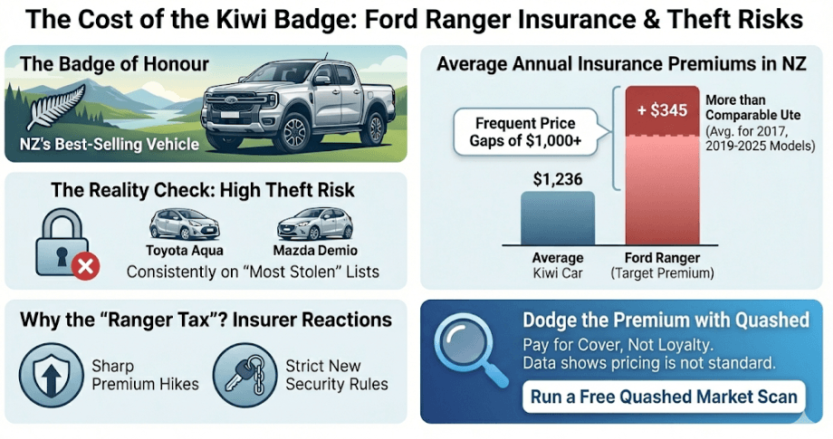 Infographic showing Ford Ranger insurance cost comparison and theft risk statistics in NZ